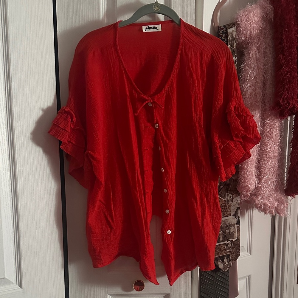 Flowy Red Ruffle Sleeve Blouse